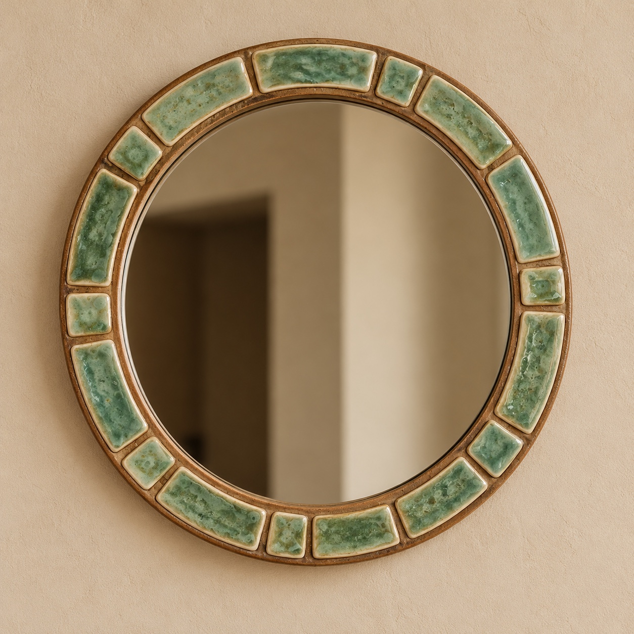 Round mirror with green glazed ceramic surround