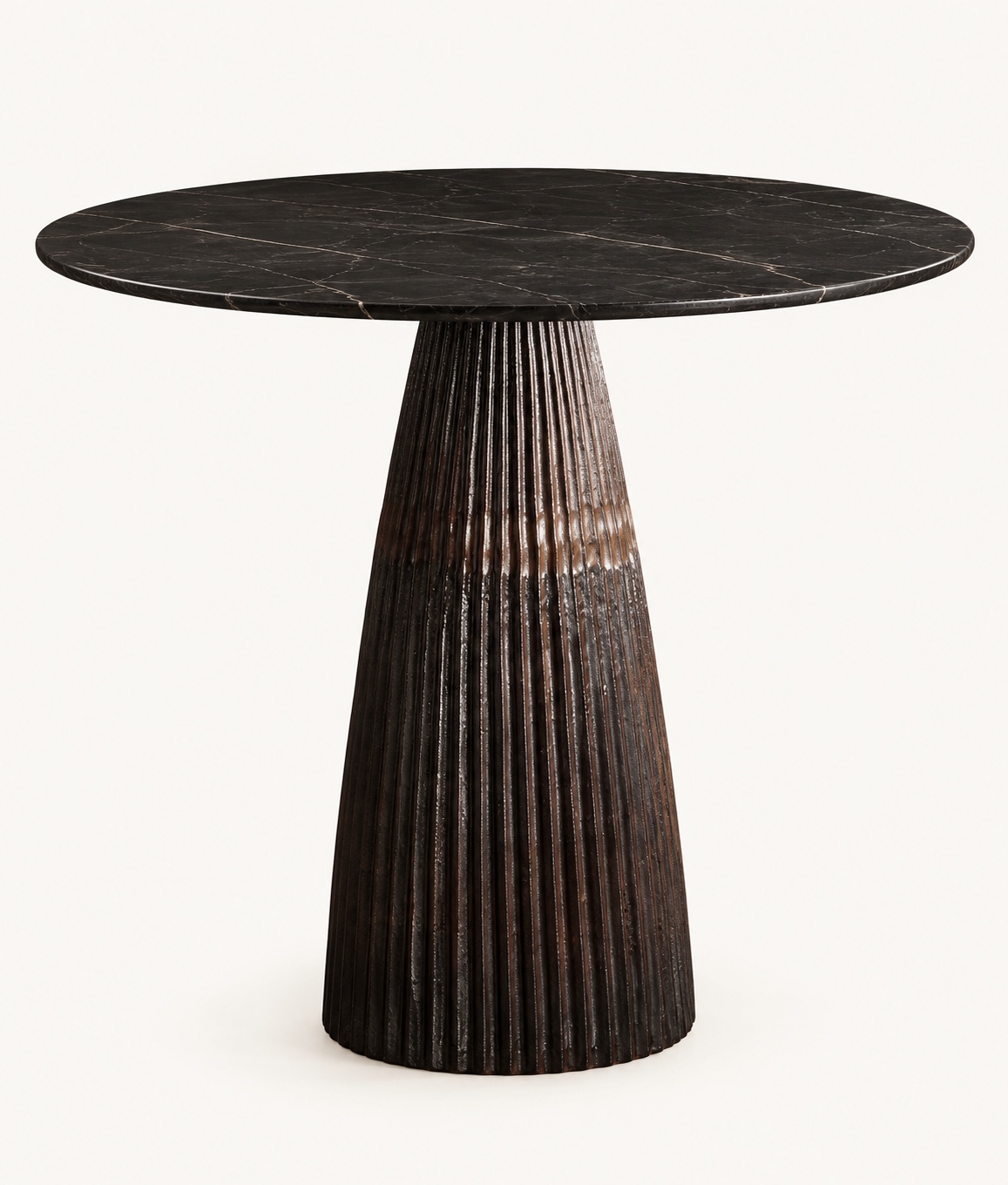 Sculptural table in black marble and fluted pedestal