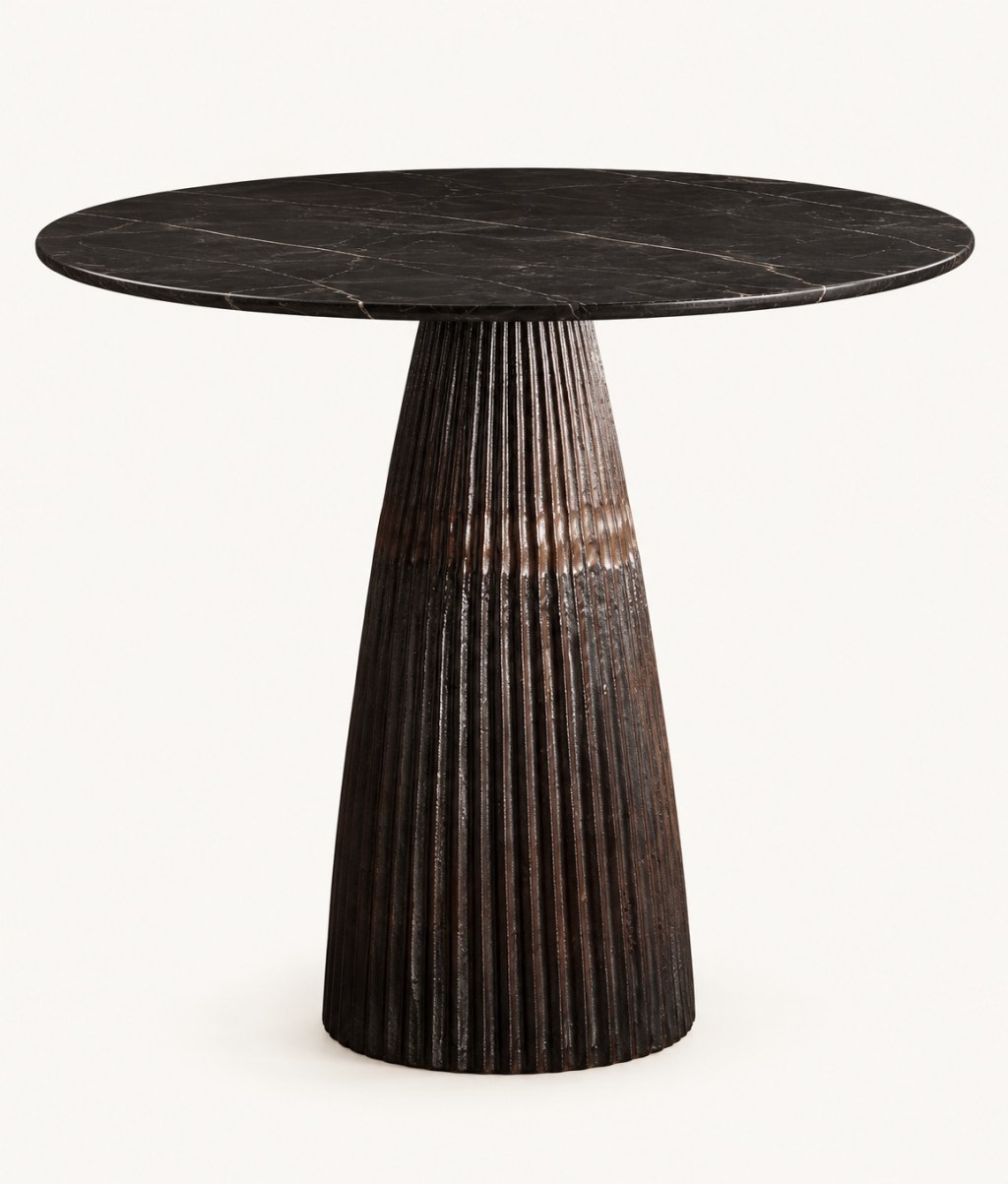 Black marble table with dark fluted sculptural pedestal